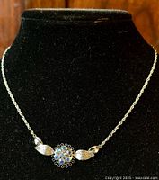 Front view of the necklace on a black display showing the full chain and pendant.