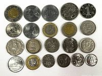 Coins arranged in rows showing various international currency including Canada, Malaysia, India, Australia, China, Indonesia, Poland, and the EU.