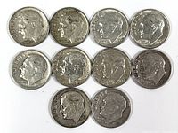 Obverse side of 10 circulated Roosevelt silver dimes from the 1950s - 1960s showing President Franklin D. Roosevelt profiles.
