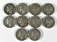 Obverse side of 10 Mercury silver dimes showing Liberty profile dates including 1926, 1938, 1942, 1943, 1944.