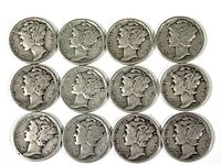 Obverse view showing the Liberty winged cap portrait of all 12 Mercury dimes arranged in 3 rows of 4 coins each showing wear and patina.