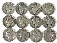 Obverse view of 12 Mercury silver dimes arranged in a grid showing Liberty's profile with dates from 1916 to 1951.