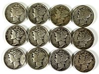 Front side of 12 Mercury silver dimes, showing Liberty's winged cap profile on each coin
