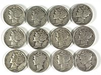 Obverse side of 12 Mercury silver dimes showing Liberty profiles with winged caps, dates range from 1920s to 1940s