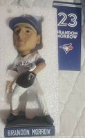 Front view of Brandon Morrow bobblehead in Blue Jays uniform with base and display backing.