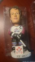 Joe Sakic NHL Colorado Avalanche bobblehead figure out of box showing detailed features and base.
