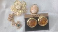 Set of vintage style brooches and earrings on a white background