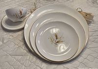 Photo showing three plates of differing sizes stacked and a matching cup and saucer with golden maize design and gold trim.