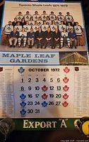 Photo of October 1972 calendar page showing Toronto Maple Leafs team photo and schedule beneath.