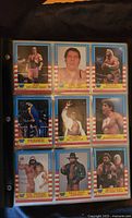 Complete set of 1987 WWF wrestling cards in plastic sleeves inside binder showing eight wrestling cards front sides