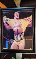 Full framed photo of Hulk Hogan in yellow wrestling gear and championship belt with autograph.