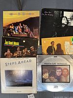 Grouped image of multiple vintage vinyl LP records with visible album covers from various artists and genres.
