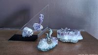Vintage lucite encased floating amethyst geodes displayed alongside raw amethyst geode clusters, one with pewter dolphins.