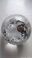 Top and angled close-up views of the glass paperweight showing detailed internal lash pattern and bubbles.