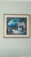 Full framed Mediterranean terrace oil painting on canvas hung on wall