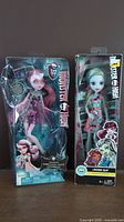 Full view of the Draculaura and Lagoona Blue dolls in original Monster High packaging, standing upright.