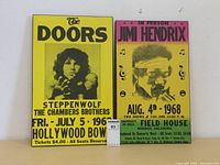 Front view of The Doors and Jimi Hendrix vintage mounted concert posters showing full design and text on bright backgrounds.