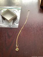 Full length of gold chain with pendant and empty box
