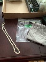 Necklace and pouch laid out on table