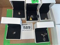 Five Pandora silver charms arranged in their respective Pandora charm boxes.
