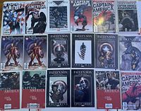 Photo showing 21 Marvel comic books arranged in rows including Captain America, Civil War, Fallen Son, and The Initiative title issues, all bagged and boarded.