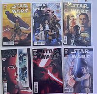 Photo showing all six Marvel Star Wars The Force Awakens comic issues 1-6 in two rows, each comic bagged and boarded.