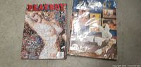 Two vintage Playboy magazines shown side by side; one with a mosaic image cover and the other with classic nude artwork cover