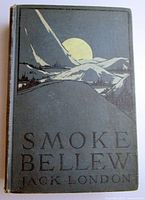 Front cover of the vintage book "Smoke Bellew" by Jack London with artistic mountain and moon illustration and embossed title text.