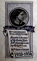 Close-up of printed design on the cover showing Susan B. Anthony portrait and 19th Amendment commemoration text.