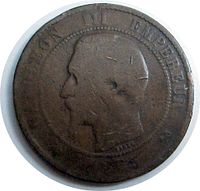 Close-up image of the obverse side of the 1855 France 10 Centimes coin featuring the left profile portrait of Napoleon III with inscriptions around the edge.