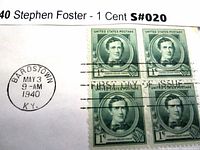 Close-up of the block of four 1 cent Stephen Foster stamps, postmarked Bardstown KY 1940.
