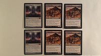 Six Magic: The Gathering cards arranged in two rows: two Throne of Empires on left column, four Relentless Rats on right and bottom