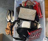 Photo showing assorted bags, purses and ladies shoes size 6 in a clear storage bin and on the floor including black and white heels and tan sandals.