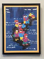 Framed colorful Chinese artwork showing children in bright winter clothing walking in a snow-covered landscape at night.