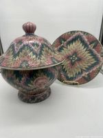Photo showing the covered decorative toreen and matching platter with intricate handpainted patterns.
