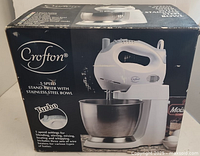 Photo of the Crofton 5 speed stand mixer box showing front view with product image and key features.