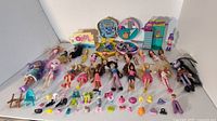 Photo showing laid out Polly Pocket dolls, pets, shoes, furniture, and playsets on a white background.