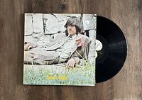 Album cover and vinyl record of James Taylor showing the artist on the front cover reclining near a stone wall in an outdoor setting.