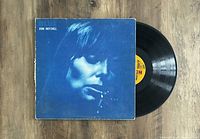 Photo of Joni Mitchell Blue vinyl LP album sleeve and record on wooden floor.