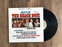 Photo shows the vinyl record partially outside the album cover, featuring the album cover text and band photo, and the black vinyl record with record label.