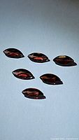 Six marquis cut garnet gemstones arranged closely on a white background, showing facets and deep reddish tones.