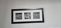 Full view of framed print hung on wall, showing three black and white images of pebbles with black frame