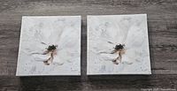 Two lightweight floral wall art panels with neutral light grey and white colors on a wooden floor.