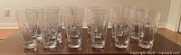 Set of 16 crystal glasses displayed in a row showing cut etched patterns