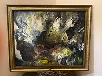 Full view of framed abstract acrylic painting with visible diverse textures and multiple human forms.