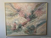 Full view of large abstract painting with textured organic shapes and pastel colors in a gold frame.