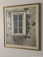 Front view of the framed oil painting showing the window and peeling plaster wall scene.