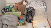 Photo showing assorted baby accessories including plush toys, bibs, head support inserts, organizer tray, and sleep sacks arranged in a bin and nearby.