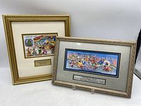 Overview showing two framed Disney items: one commemorative ticket and one Christmas stamps themed print.