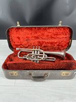 Trumpet lying inside open hard shell case with red velvet lining, showing overall shape and condition.